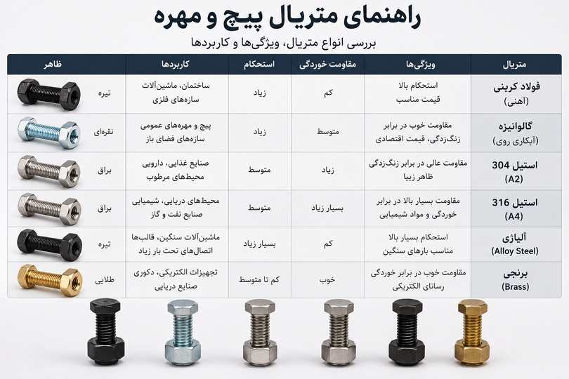 متریال پیچ و مهره چیست؟ راهنمای انتخاب جنس پیچ برای هر کاربرد