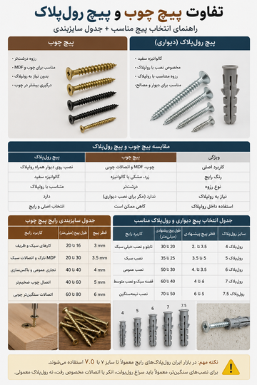 تفاوت پیچ چوب و پیچ رولپلاک چیست؟ راهنمای انتخاب سایز مناسب